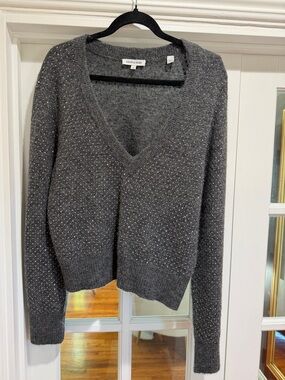 Veronica Beard Charcoal Gray V-Neck Sweater with Sparkle